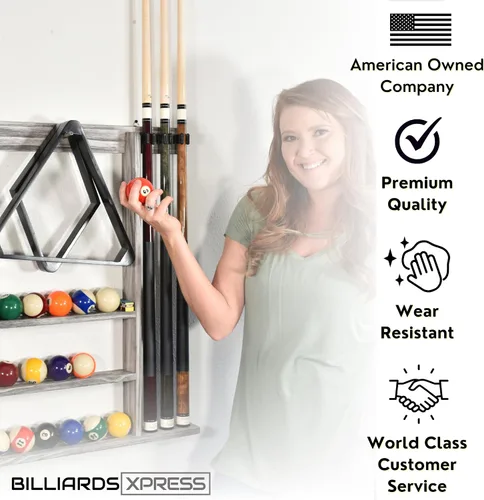 Vista 5 de Pool Cue Rack - Pool Stick Holder Wall Mount With 16 Ball Holders & 6 Pack Of Chalk - Rubber Circle Pads & Large Clips Prevent Damage - Billiard