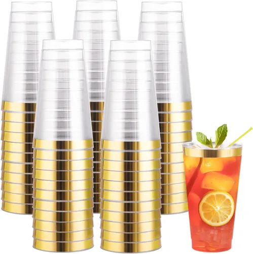 Vista 16 de I00000 Paquete de 100 unidades de vasos de plástico dorado de 12 onzas, vasos desechables con borde dorado, vasos de vino desechables y copas
