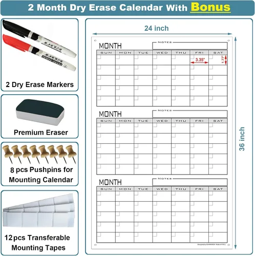 Vista 6 de Calendario grande de borrado en seco de 3 meses para pared, 36 x 24 pulgadas, calendario de pizarra blanca de tres meses sin fecha para oficina