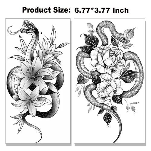 Vista 3 de Tazimi Tatuajes temporales de serpiente, 12 hojas 3D negras realistas de serpiente, rosa, tatuajes florales, calcomanías grandes y sexys
