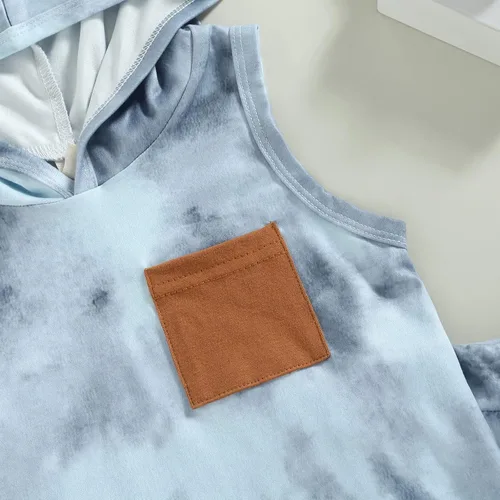 Vista 4 de JLKGICF Conjunto de ropa de verano para bebés y niños pequeños, a rayas, lisos, teñido anudado, sin mangas, con bolsillo, sudadera con cordón