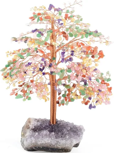 Vista 15 de Árbol de la vida con piedras preciosas de amatista natural, base de cuarzo transparente, bonsái de dinero de chakras, Feng Shui, cristales curativos