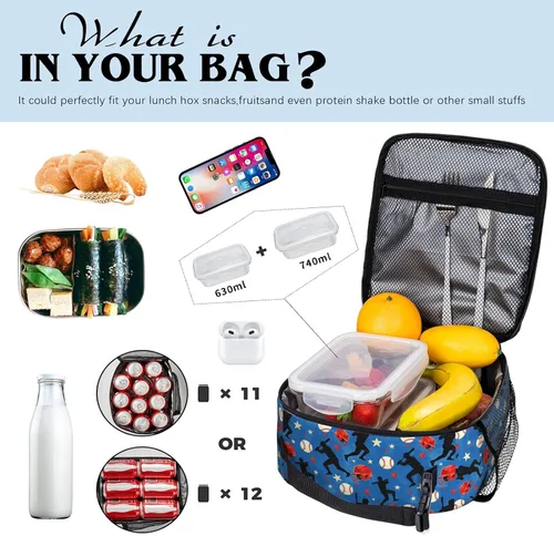 Vista 6 de Lonchera de béisbol con temática deportiva para niños, niñas, adolescentes, bolsa de almuerzo de béisbol aislada para niños, bolsa de almuerzo