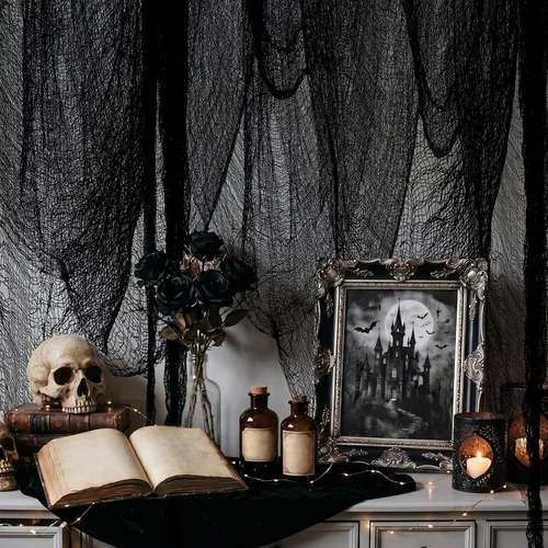 Vista 9 de ZeeDix Paquete de 6 paños espeluznantes negros de Halloween de 30 x 75 pulgadas, decoración de Halloween, tela de gasa espeluznante negra