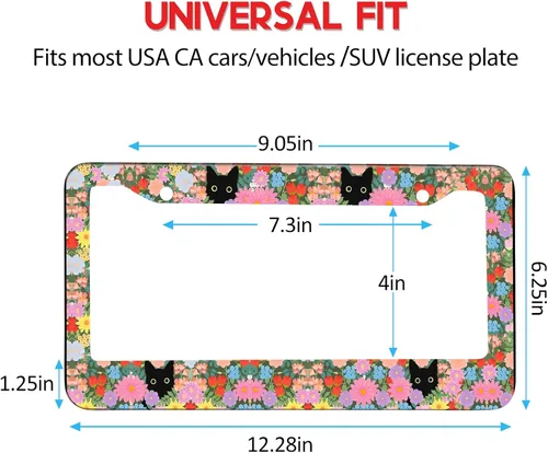 Vista 4 de Marcos para placa de matrícula para mujer, diseño floral, lindo y divertido gato negro, flores, marco de etiqueta de metal de acero inoxidable