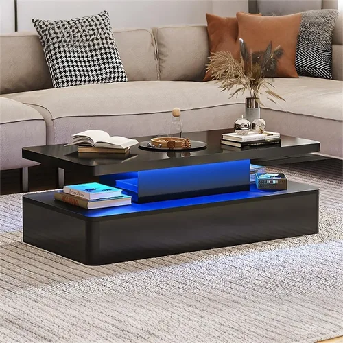 Vista 9 de Mesas modernas de sala de estar, mesa de centro LED con luces LED, mesa central rectangular de 2 niveles con gran almacenamiento, superficie de alto