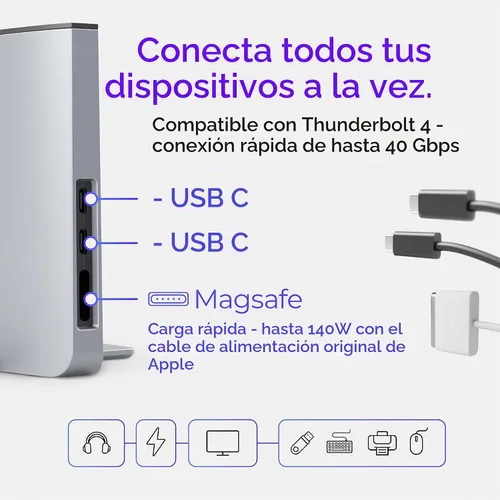 Vista 6 de Base para Apple MacBook Air de 13" - Estación de acoplamiento - Conecta pantallas duales con dos puertos Thunderbolt 4 USB-C - Hub de estación