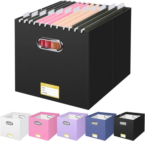 Vista 63 de BALEINE Caja organizadora de archivos, organizador de carpetas de archivos de cartón con asa para tamaño carta, caja de archivos plegable portátil