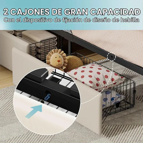 Vista 7 de LIKIMIO Marco de cama individual con 2 cajones de almacenamiento, estación de carga y luces LED, cama plataforma individual tapizada con cabecera