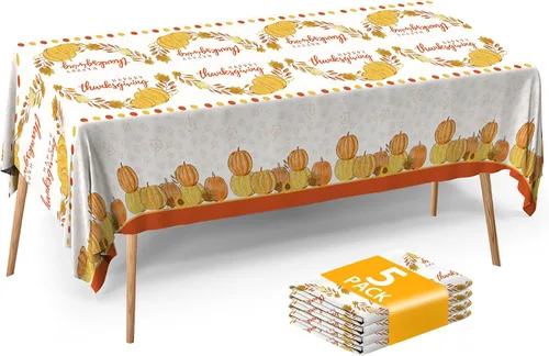 Vista 10 de ATFUNSHOP Mantel de Acción de Gracias, paquete de 2 manteles desechables de 54 x 108 pulgadas, suministros para fiestas, calabazas, hojas de otoño