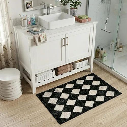 Vista 4 de Lahome - Tapete con diseño de entramado marroquí, a cuadros, pequeño, suave y antideslizante, moderno, resistente a las manchas, para puerta Negro