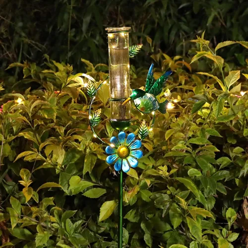 Vista 6 de MUMTOP Medidor de Lluvia para Exteriores, Estaca Decorativa de Colibrí de Metal con Flores, Alimentada por Energía Solar para Césped, Patio y Jardín