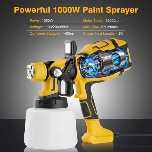 Vista 2 de Pulverizador de pintura, pistola de pulverización HVLP de 1000 W para manchas y muebles, amarillo 1400ML sprayer with 3 brass nozzles, 3 patterns