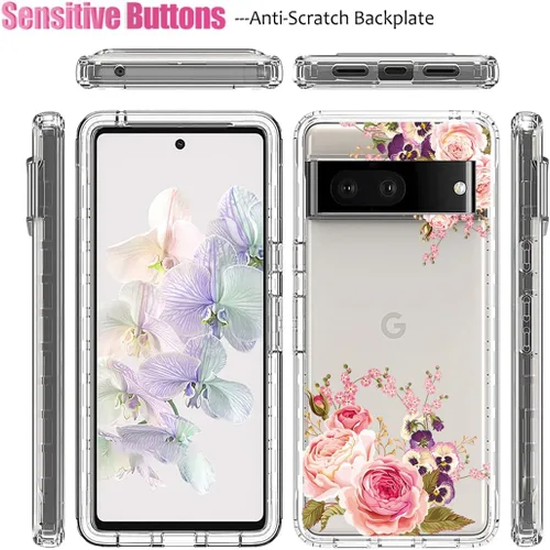 Vista 5 de Funda para Pixel 6A, GX7AS con protector de pantalla de vidrio templado, cuerpo completo, transparente, flexible, con protección de diseño floral