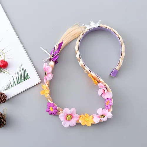 Vista 5 de Peluca de princesa Rapunzel larga trenzada con diadema de flores de tiara para niñas, accesorios de disfraz de 29 pulgadas