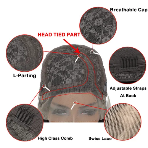 Vista 4 de Blissource Pelucas de cabello humano corto y rizado para mujeres negras, pelucas de cabello humano ondulado con parte en L, pelucas de encaje