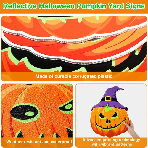 Vista 3 de Soaoo Paquete de 6 carteles fluorescentes de calabaza de Halloween de 16 pulgadas con estacas, caras espeluznantes y sombrero de bruja, letreros