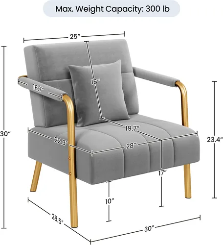 Vista 3 de Yaheetech Silla de Acento de Terciopelo de 30" de Ancho Sillón Grande con Marco Dorado y Almohada Cómoda para Sala de Estar, Dormitorio, Oficina