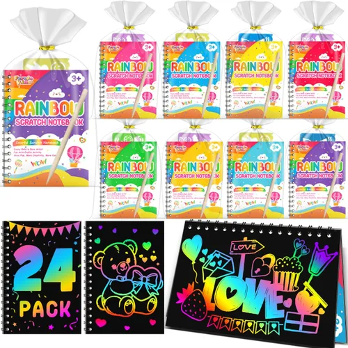 Vista 16 de Recuerdos de fiesta para niños: paquete de 4 cuadernos de arte de rascar arcoíris para estudiantes, regalos a granel para aula para niñas y niños