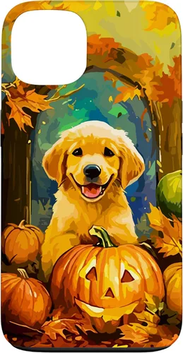 Vista 7 de Cute Golden Retriever Fall Pumpkin Autumn Leaves Halloween Case for iPhone 16