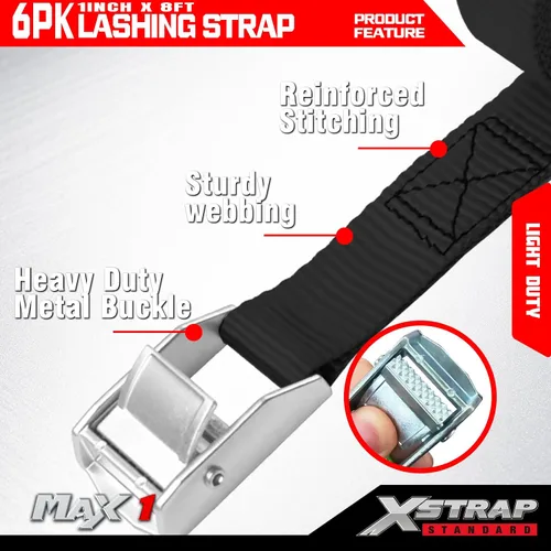 Vista 3 de Xstrap correas de amarre con trinquete (6 unidades, 8 pies 1-pulgada), Negro, XS16006 1000 lb Break Strength 1-inch Powersports Tie Down with