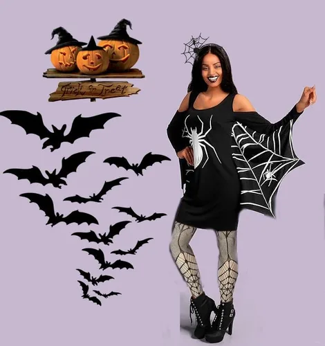 Vista 5 de ZANLER Disfraz de araña de 3 piezas para mujer, Halloween, diadema negra, capa de araña, vestido de Halloween, tela de araña, medias largas hasta