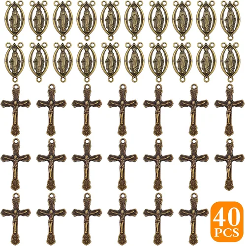 Vista 2 de 40 piezas de rosario de aleación tibetana con cruz y centro de María Milagrosa Medalla Jesús Crucifijo Crucifijo y eslabones ovalados de araña