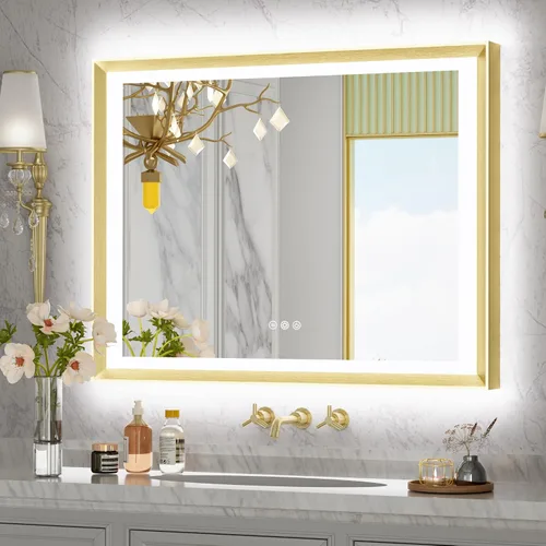 Vista 12 de TokeShimi Espejo de baño con marco negro de 40 x 30 pulgadas con luces delanteras y retroiluminación de aleación de aluminio rectangular, borde
