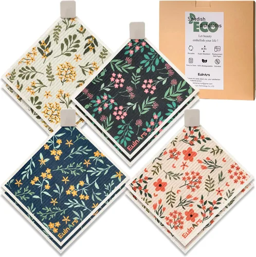 Vista 12 de Eulnars - Toallas de papel reutilizables, paquete de 8 paños de cocina suecos con 3 clips, negro y blanco, algodón, 200 lavados Negro Blanco