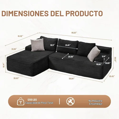 Vista 2 de Hobestluk Sofá Seccional Modular, Sofás Sin Estructura Rígida de 96" para Sala de Estar, Sofá Seccional de Espuma Viscoelástica con Chaise