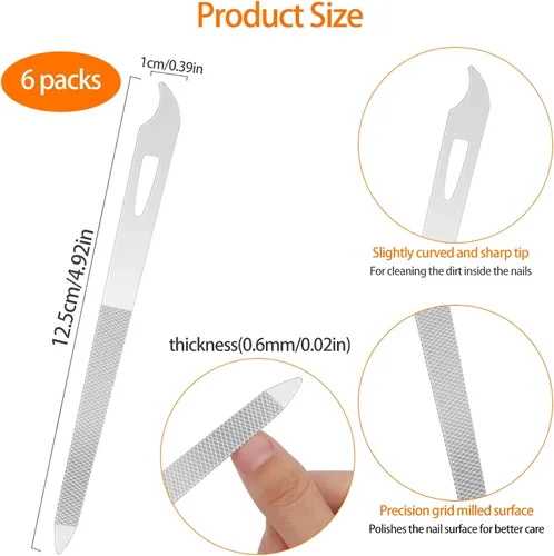 Vista 5 de Juego de limas de uñas de acero inoxidable de 6 piezas con punta limpiadora, doble cara, duradera, profesional para uñas naturales