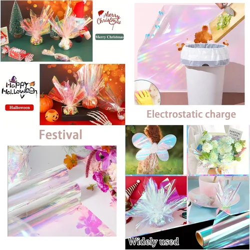 Vista 5 de GcFoir Papel de regalo transparente para arco iris de flores, rollo de celofán iridiscente de 34 pulgadas x 100 pies, rollo de celofán iridiscente