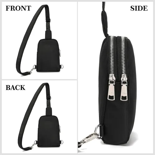 Vista 7 de Pequeña bolsa cruzada, cangurera, elegante bolsa cruzada para viajes esenciales, regalos para mujeres, Nailon-Negro, Bolso bandolera