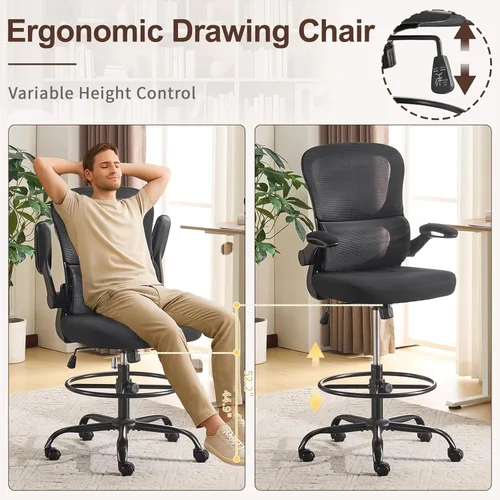 Vista 3 de Karlhome - Silla ergonómica de dibujo con soporte lumbar y reposabrazos abatibles, silla de oficina giratoria alta con anillo reposapiés de altura