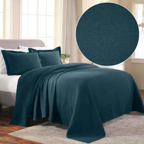 Vista 3 de Superior Fleur De Lis - Juego de colcha de algodón de 3 piezas, decoración de cama para el hogar, colcha decorativa con textura, 2 fundas de Deep Sea