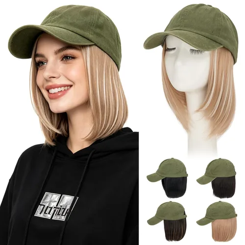 Vista 8 de Hairro Peluca de gorra de béisbol con cabello adjunto, corto estilo Bob ajustable, extensiones de cabello sintético para mujeres, balayage
