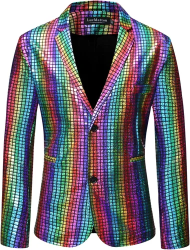 Vista 2 de LucMatton Conjuntos de discoteca de 2 piezas para hombre, chaqueta y pantalones brillantes, trajes de lentejuelas metálicas, Metálico