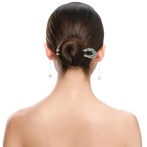 Vista 3 de Lurrose Pin de pelo de doble punta en forma de U de cristal Chignon Horquilla Stick Accesorio de peinado para mujeres niñas (azul)