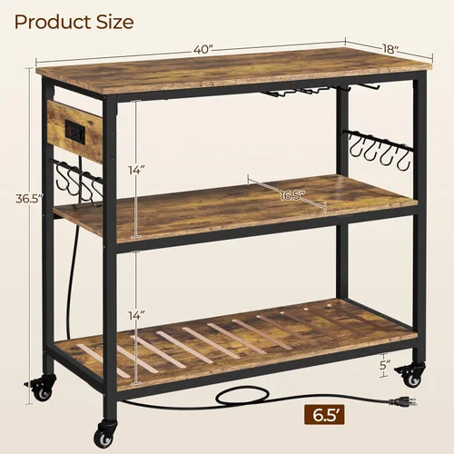 Vista 3 de Yaheetech - Carrito de isla de cocina con toma de corriente, 3 estantes, color marrón rústico 40 Inches Rolling Kitchen Island With Storage,3-Tier