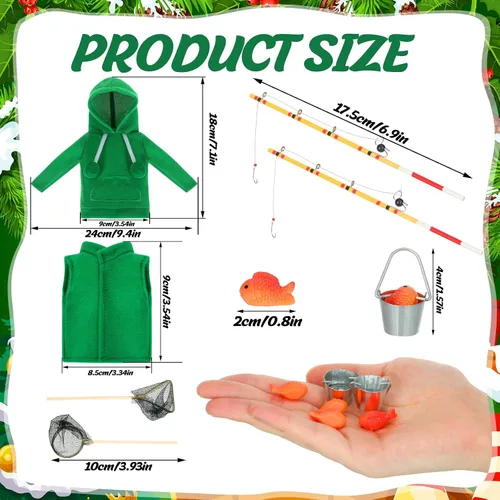 Vista 2 de Sotiff Juego de ropa de muñeca de pesca de Navidad, 12 piezas, ropa de muñeca de vacaciones, accesorios novedosos de pesca para panadero, accesorios
