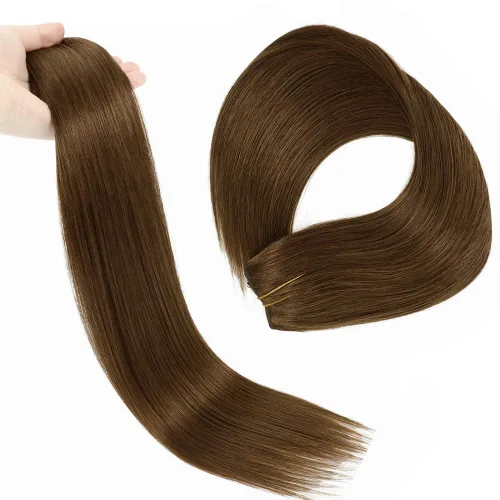 Vista 9 de Extensiones de cabello humano real, cabello lacio marrón chocolate de 12 pulgadas con alambre oculto y línea de pescado transparente