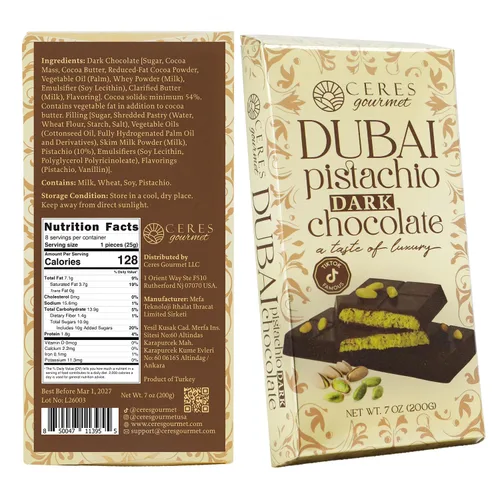 Vista 2 de Ceres Gourmet Barra de chocolate oscuro Dubai Pistachio Knafeh 7 oz
