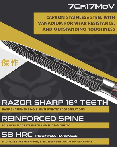 Vista 3 de KESSAKU Cuchillo multiusos dentado de 5.5 pulgadas - Serie Samurai - Cuchillo de cocina afilado - Acero inoxidable de alto carbono forjado 7Cr17MoV