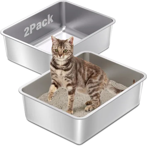Vista 8 de Caja de arena de acero inoxidable con tapa, caja de arena de metal para gatitos, cajas de arena de entrada baja con pala y alfombra, caja de arena