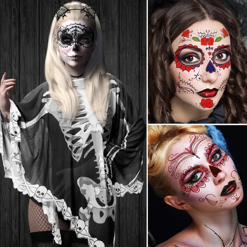 Vista 3 de Eurzom Traje de esqueleto de Halloween de 18 piezas para guantes de hueso, calcetines, orejas de gato, diadema, máscara de ojos, tatuajes faciales
