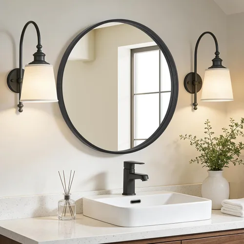 Vista 2 de WallBeyond Espejo redondo negro de madera de 24 pulgadas, espejo de pared circular para baño, espejo de pared redondo para decoración de pared