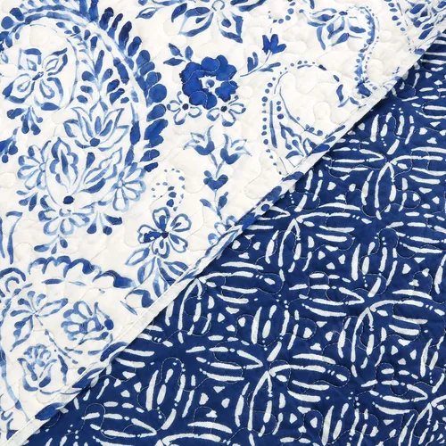 Vista 3 de Lush Decor Erindale - Juego de edredón de 3 piezas de algodón con estampado de cachemira, tamaño King, color azul marino y blanco, reversible
