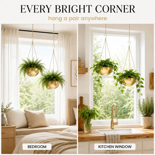 Vista 7 de AceList Paquete de 2 macetas colgantes doradas para plantas de interior, colgador de plantas de metal bohemio de 9.8 pulgadas para interiores