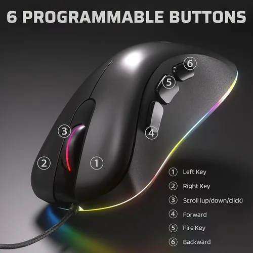 Vista 2 de LTC GM-031 Ratón para juegos con cable, 7200 DPI ajustable, 6 botones macro programables, 4 modos retroiluminados RGB, forma ergonómica, soporte