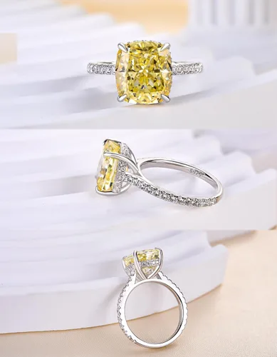 Vista 27 de Anillo de compromiso de corte cojín de 4 quilates para mujer, piedra blanca/amarilla grado 5A, circonita cúbica S925, plata, amarillo/blanco/oro rosa
